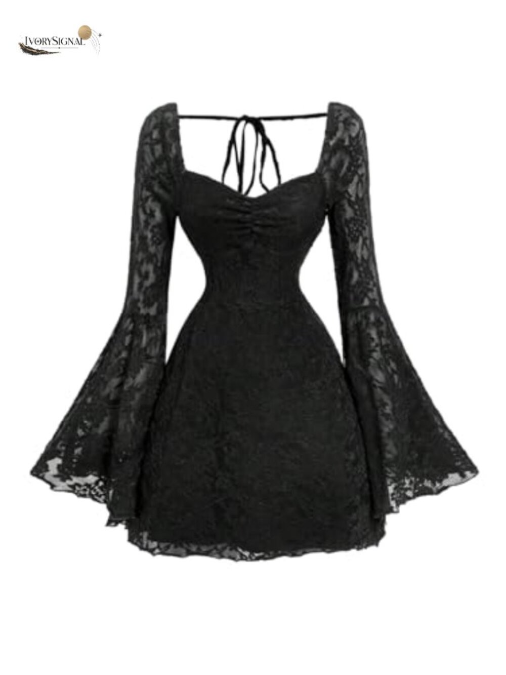 WDIRARA Floral Jacquard Mesh Gothic Dress Long Flare Sleeve A-Line